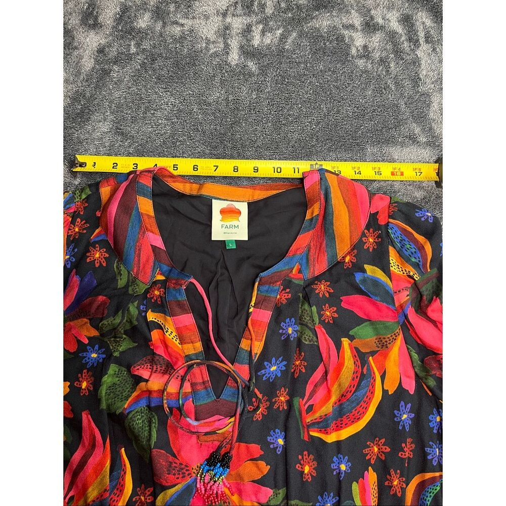 FARM Rio Floral Stripe Boho Dress Women’s Size Large Multicolor Tassel Tie - Picture 7 of 11